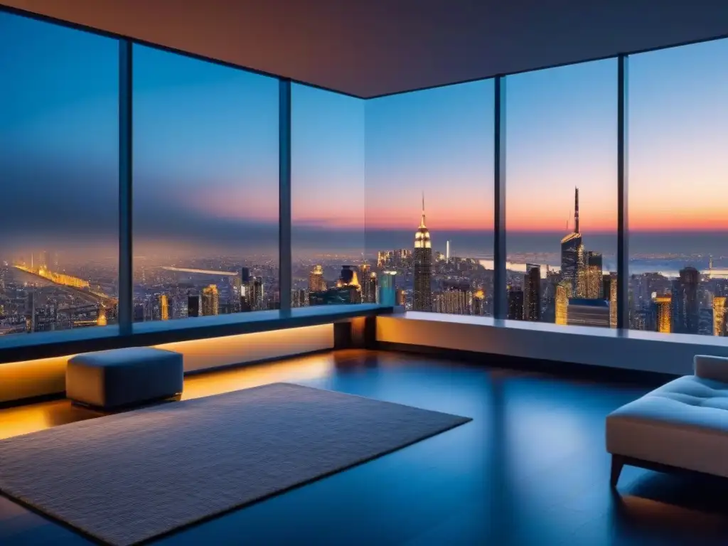 Exclusivo penthouse moderno con vista nocturna de la ciudad Exclusivo penthouse con vista nocturna de la ciudad, ideal para estrategias de inversión en inmuebles de lujo