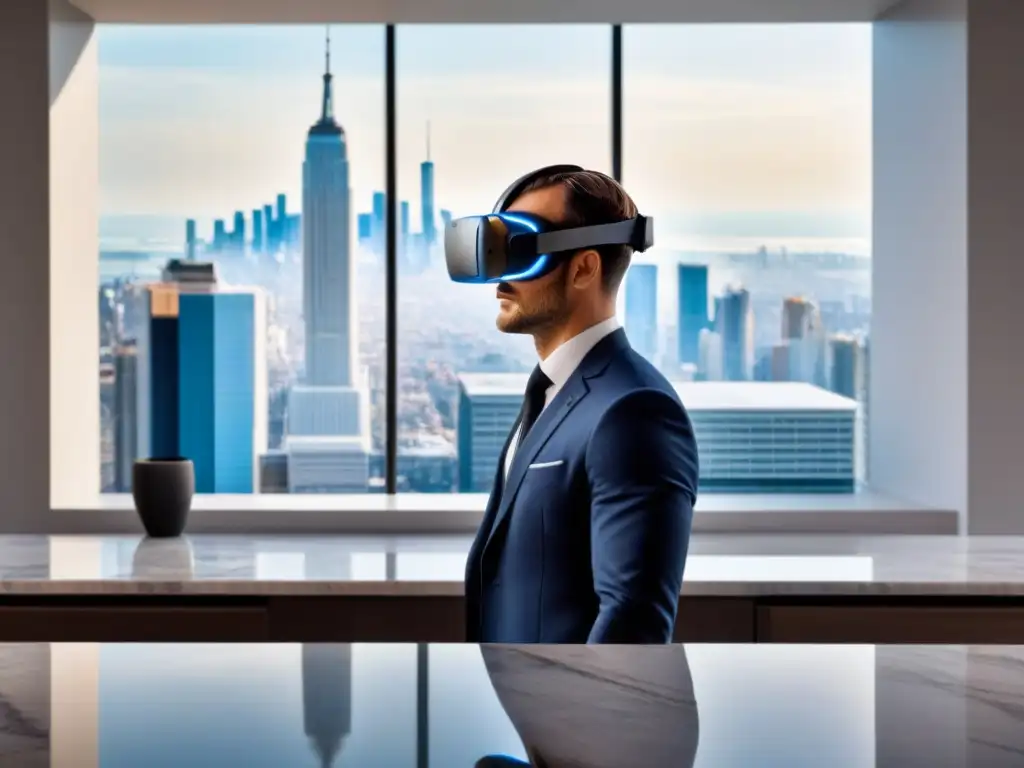Inmersión total: lujoso headset de realidad virtual en acción Exclusivo visor de realidad virtual en un elegante mostrador de mármol, con una persona en traje analizando un tour virtual