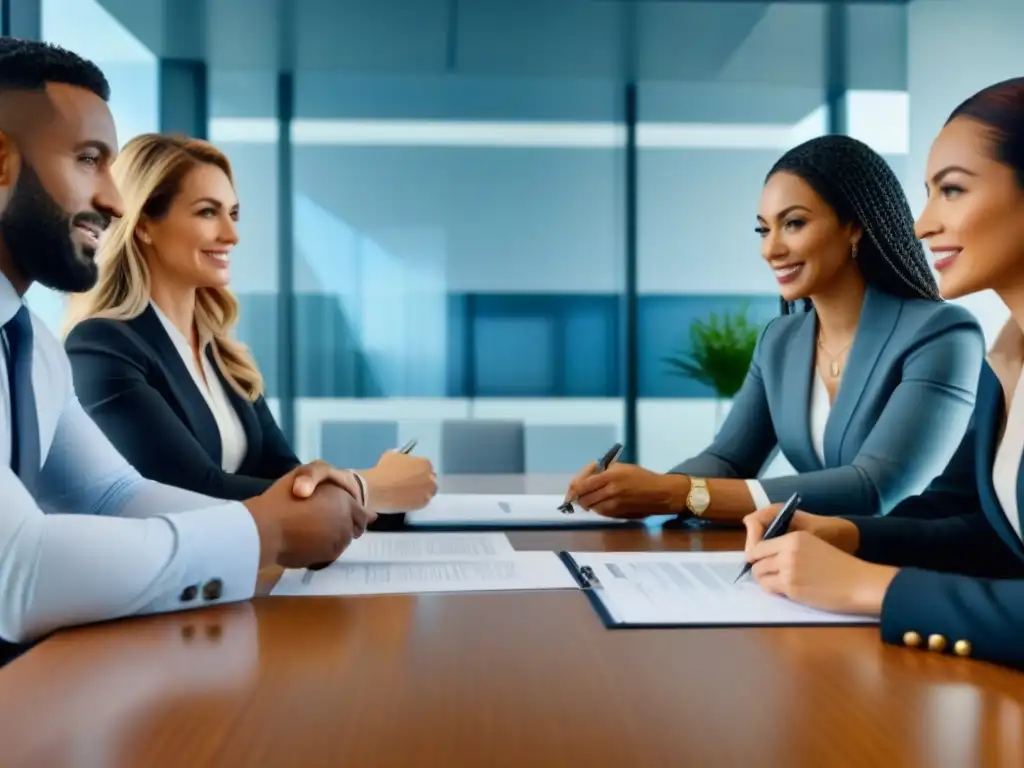 Éxito en transacciones inmobiliarias: firma de contratos en oficina moderna Una exitosa transacción inmobiliaria con un equipo multicultural firmando contratos en una oficina moderna llena de luz natural