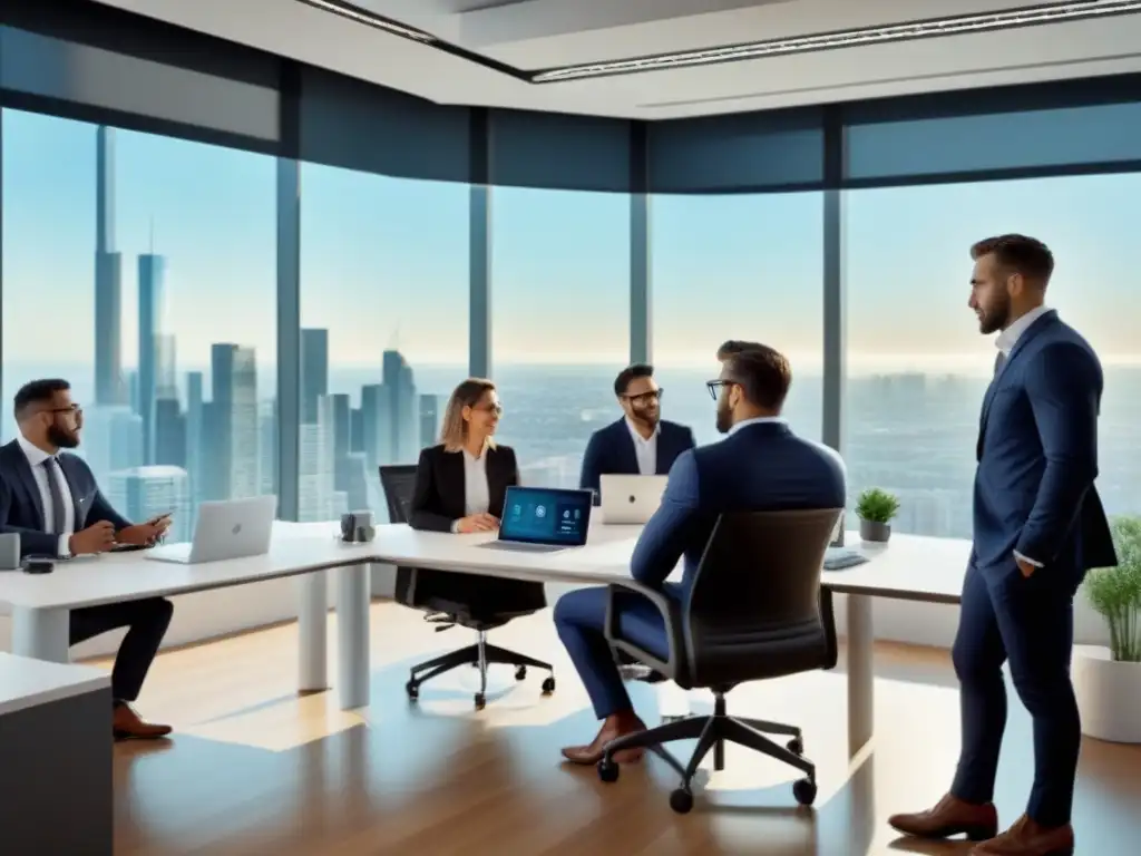 Profesionales exitosos debaten inversiones inmobiliarias en oficina moderna Un exitoso debate sobre Inversión exitosa en bienes raíces en una oficina moderna y elegante