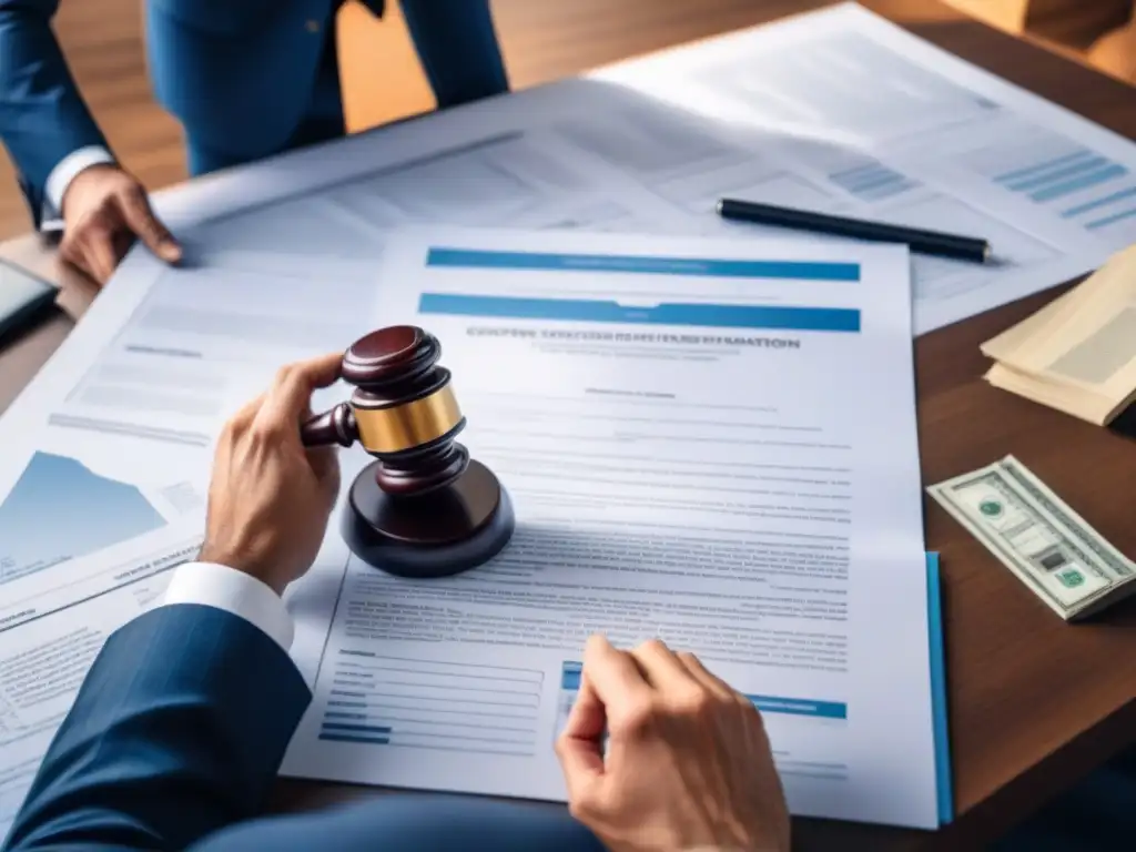 Balanza de justicia en contratos de restauración inmobiliaria Experta mano sostiene balanza de justicia entre documentos legales y planos arquitectónicos