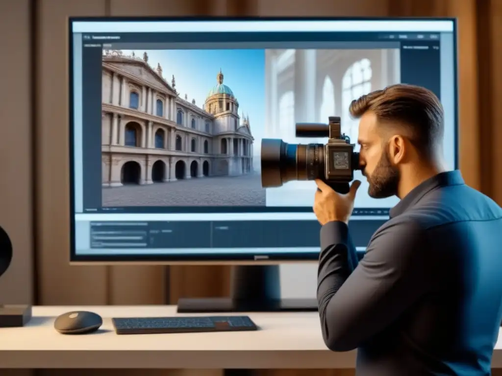 Restaurador experto documentando detalles arquitectónicos con tecnología avanzada Un experto en restauración usa fotogrametría en restauración arquitectónica para documentar detalles históricos con precisión