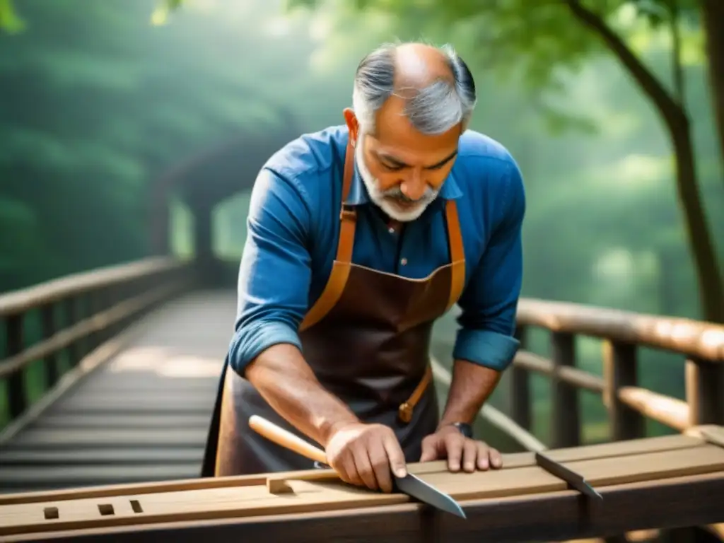 Restauración experta de puente histórico: detallada y cautivadora Experto artesano restaurando un puente de madera histórico en armonía con la naturaleza