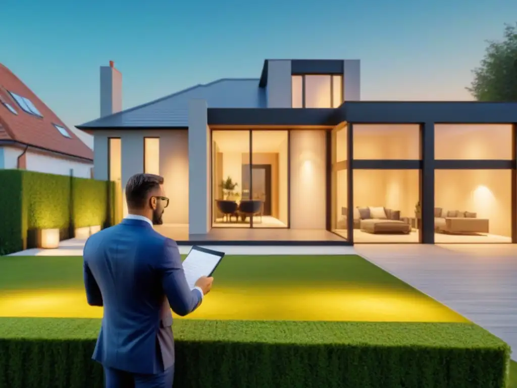 Profesional evaluando propiedad de lujo para valoración Un experto en avalúos inmobiliarios inspecciona detalladamente una casa moderna para hipoteca
