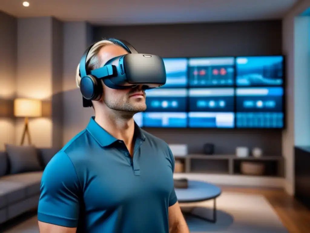 Casco de realidad virtual mostrando propiedad inmobiliaria moderna en 3D Un experto usando un casco de realidad virtual para invertir en bienes raíces