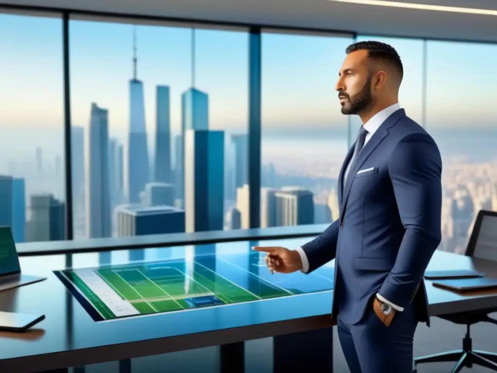 Experto en valuación inmobiliaria con herramientas de vanguardia Un experto en valoración inmobiliaria en un entorno moderno y tecnológico con herramientas de predicción avanzadas