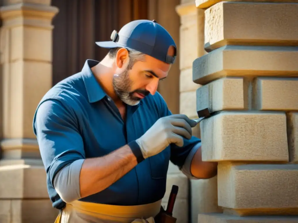 Restauración experta de fachada histórica con herramientas modernas Un experto en mantenimiento de propiedades históricas restaura con precisión una fachada antigua usando herramientas modernas