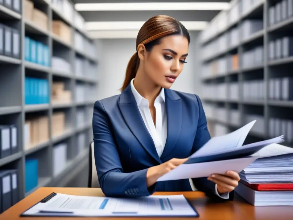 Experto en seguros detecta errores: ilustración detallada Experto en reclamaciones de seguros de vivienda revisa documentación con precisión en oficina ordenada y moderna