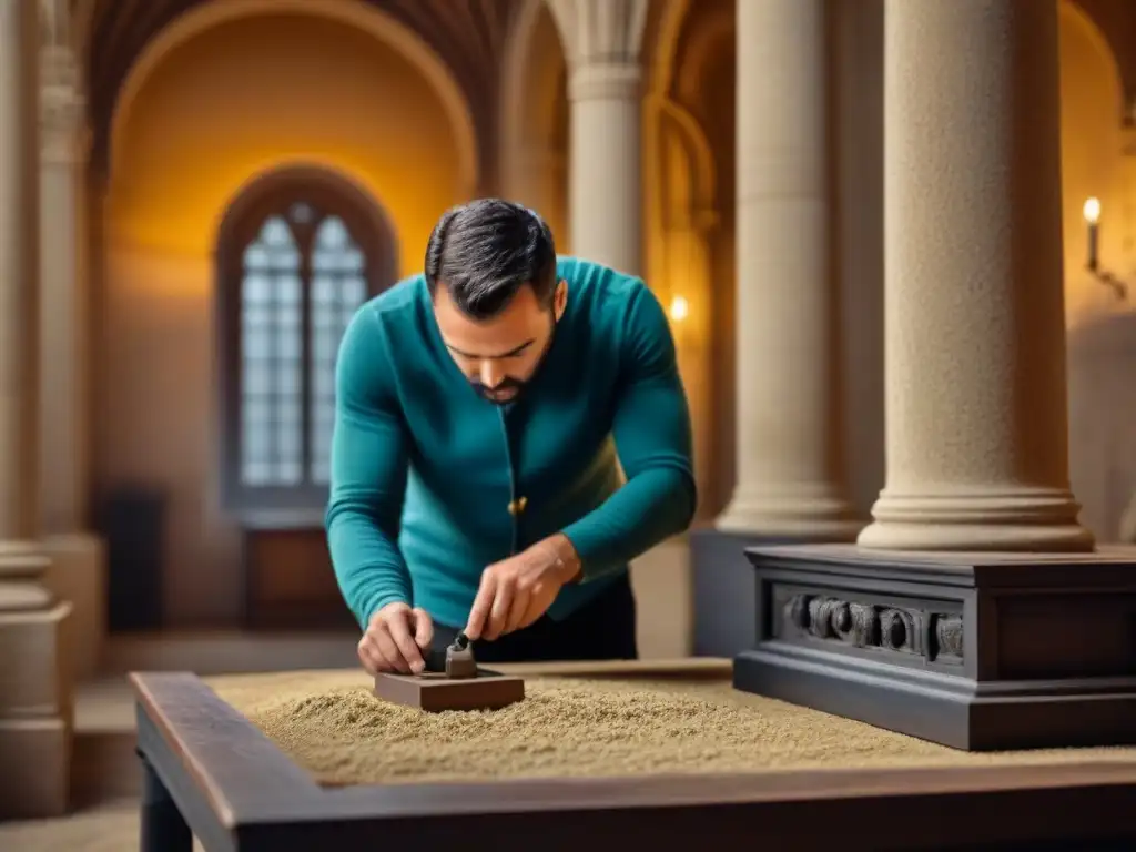 Restaurador de precisión: fotogrametría en arquitectura histórica Un experto en restauración arquitectónica usando equipo de fotogrametría para capturar detalles históricos con precisión
