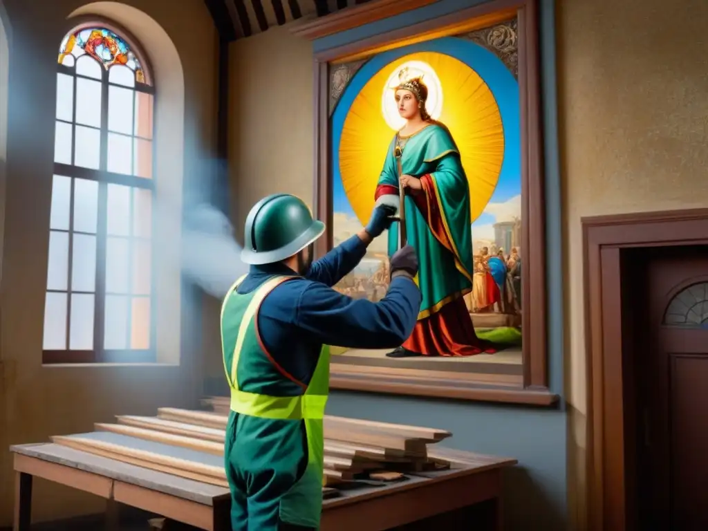 Restauración experta de mural centenario: tradición y tecnología Un experto restaurador en interiores históricos combina técnicas modernas para preservar murales centenarios en un ambiente majestuoso