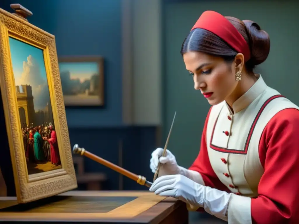 Restauración meticulosa de pintura centenaria en estudio contemporáneo Experto restaurador cuida una pintura centenaria en un estudio moderno, destacando la importancia gestión riesgos conservación patrimonial