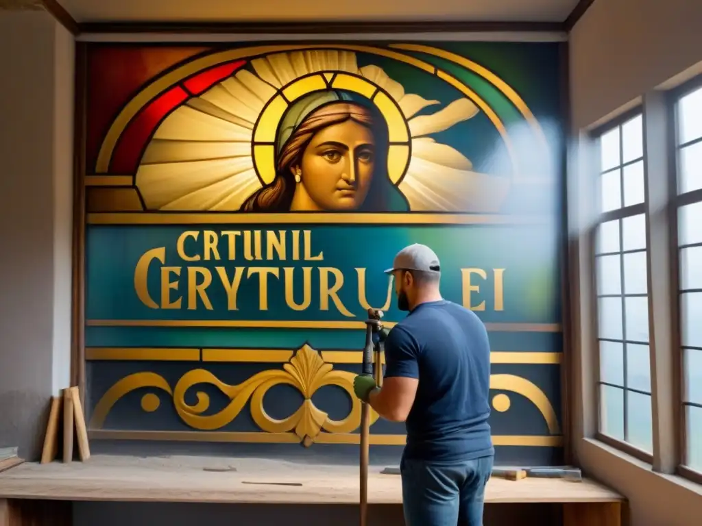 Restauración de mural centenario: arte y tradición Un experto restaurador devolviendo vida a un mural centenario en una propiedad histórica