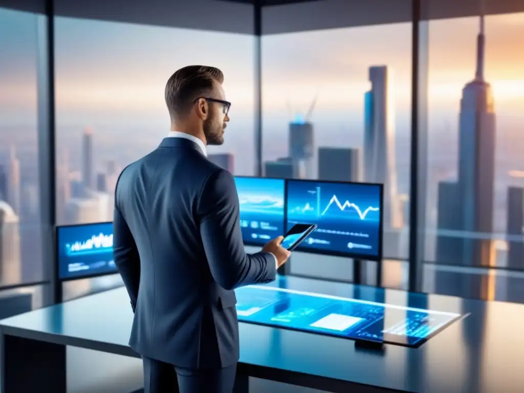 Agente de seguros analizando tendencias de mercado en entorno futurista Experto en seguros propiedades comerciales analiza mercado inmobiliario desde oficina futurista