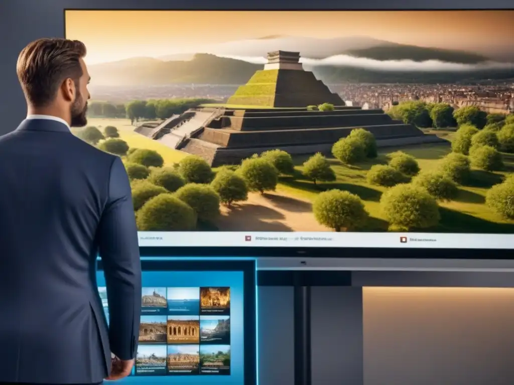 Experto en tour virtual de sitio histórico Experto guía turístico señalando detalles en pantalla de tour virtual histórico