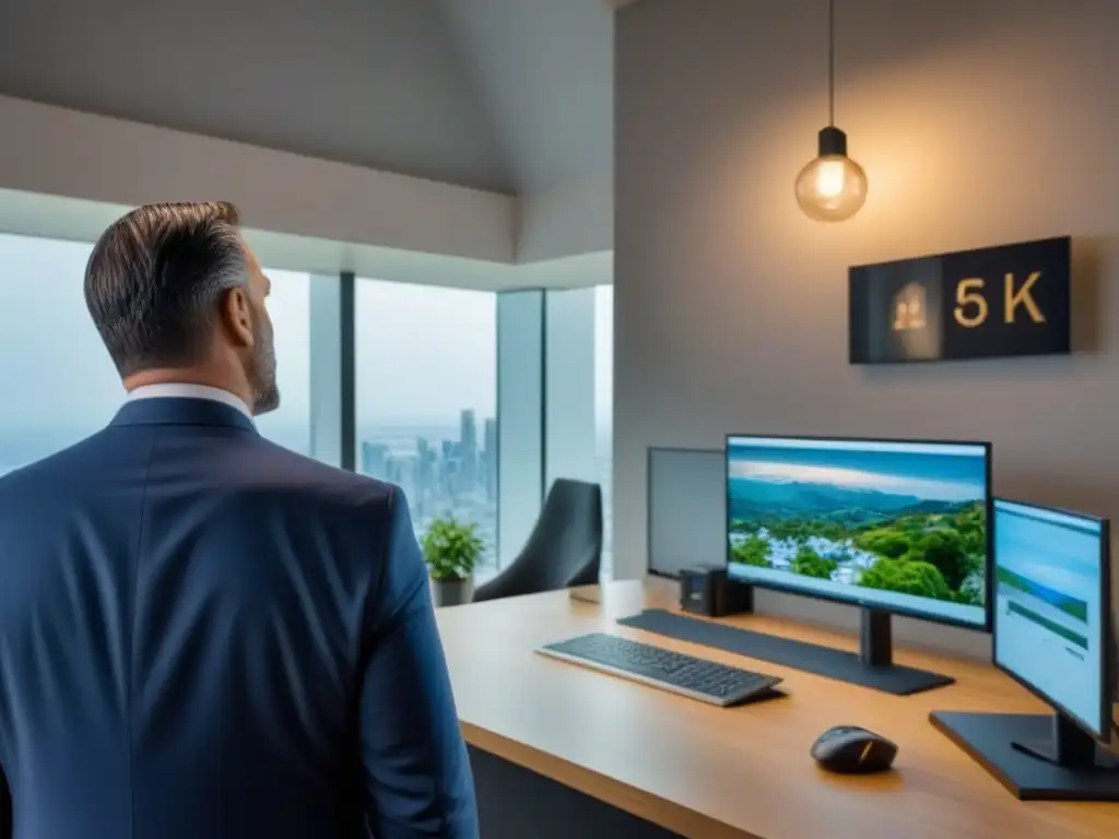 Perito inmobiliario inspecciona propiedad con tecnología avanzada Experto en valoración catastral inspeccionando propiedad con tecnología avanzada en oficina moderna