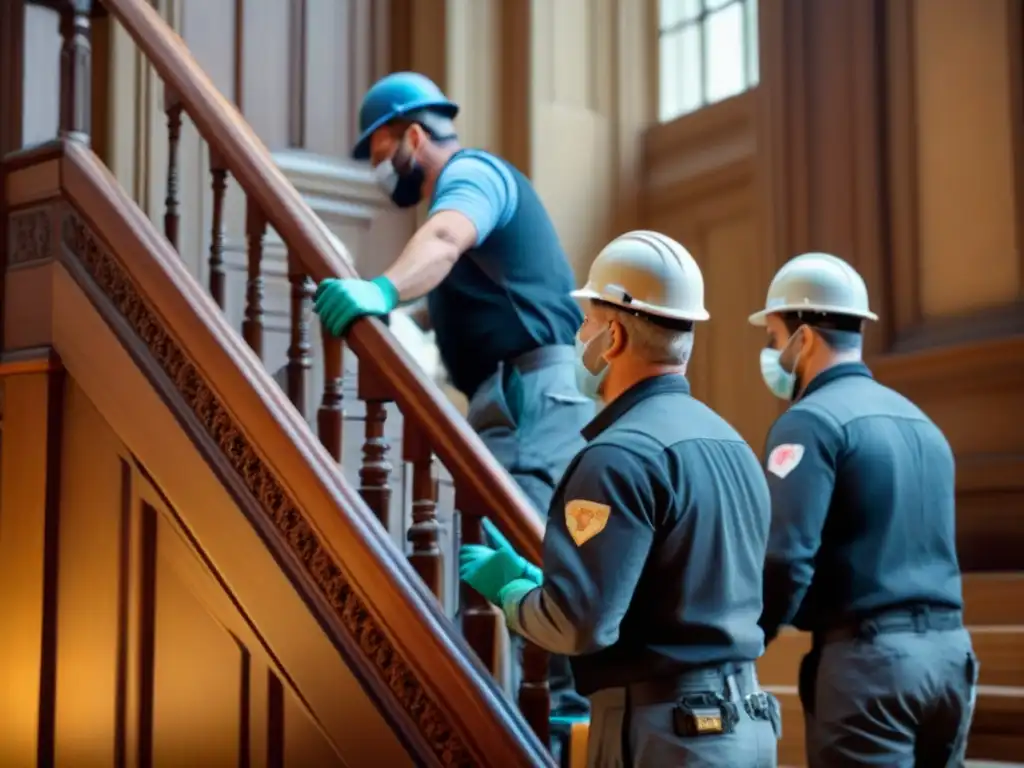 Restauración experta de escalera histórica con detalle Expertos en restauración preservan detalles de escalera en propiedad histórica