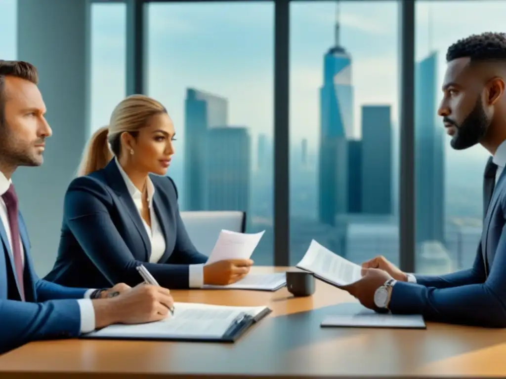 Profesionales inmersos en discusión de inversión inmobiliaria Expertos discuten estrategias de inversión inmobiliaria