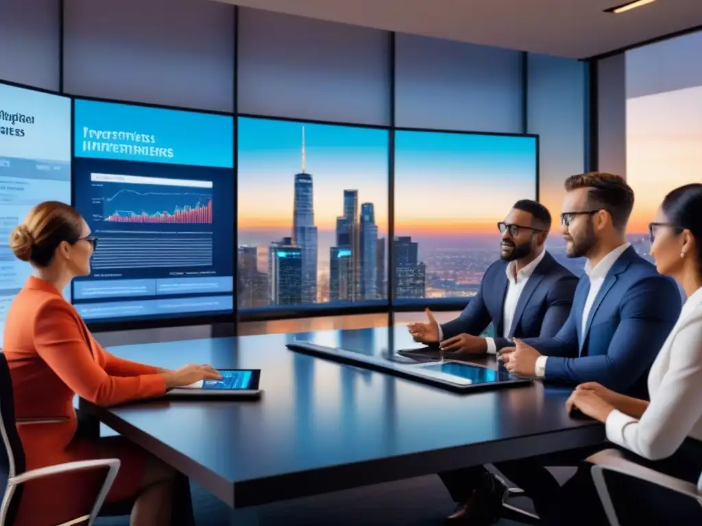 Expertos inmobiliarios debaten estrategias en sala de juntas tecnológica Expertos en real estate discuten estrategias en sala de juntas con tecnología avanzada al atardecer, transmitiendo profesionalismo y colaboración