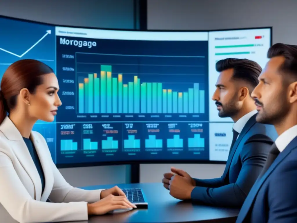 Expertos en Finanzas Analizando Datos de Hipotecas con Tecnología Futurista Expertos financieros analizan bonos respaldados por hipotecas en oficina futurista con tecnología avanzada