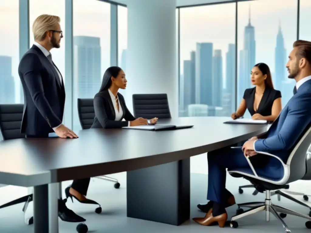 Expertos en Derecho Inmobiliario analizan documentos en oficina elegante Expertos discuten implicaciones fiscales venta propiedades en elegante oficina