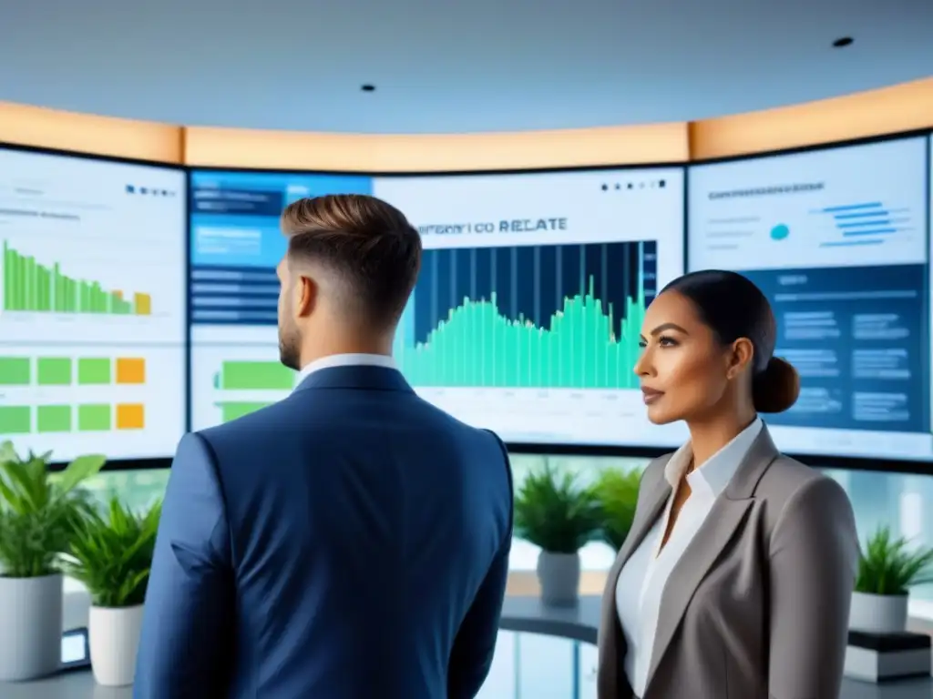 Expertos inmobiliarios analizan datos financieros y sostenibilidad en oficina moderna Expertos inmobiliarios analizan datos financieros y de sostenibilidad en oficina moderna