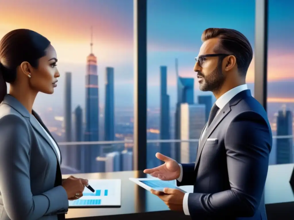 Reunión de expertos inmobiliarios frente a pantalla futurista Expertos inmobiliarios debaten estrategias avanzadas frente a pantalla digital futurista