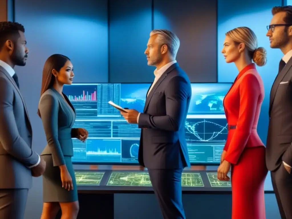 Expertos inmobiliarios analizan modelos predictivos sector inmobiliario global en moderna oficina futurista
