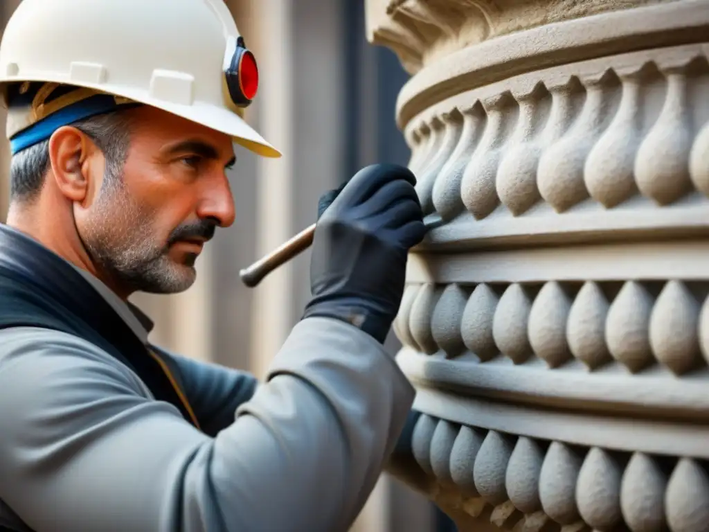 Restauración meticulosa de piedra en edificio histórico Expertos restauran con mimo la fachada de un edificio histórico, fusionando tradición y técnicas modernas