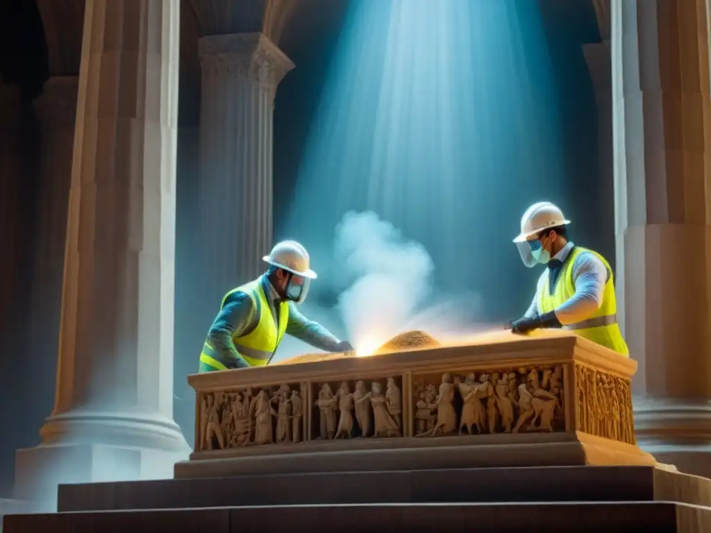 Equipo de restauración limpiando monumento histórico Expertos restauración monumentos históricos cuidadosamente limpiando tallados detallados bajo luz suave, Riesgos restauración monumentos históricos