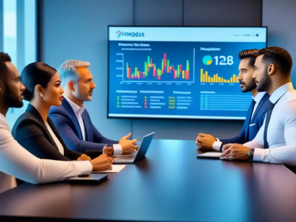 Profesionales analizan refinanciamiento hipotecario en sala moderna Expertos comparan ofertas refinanciamiento inmobiliario en moderna sala de conferencias