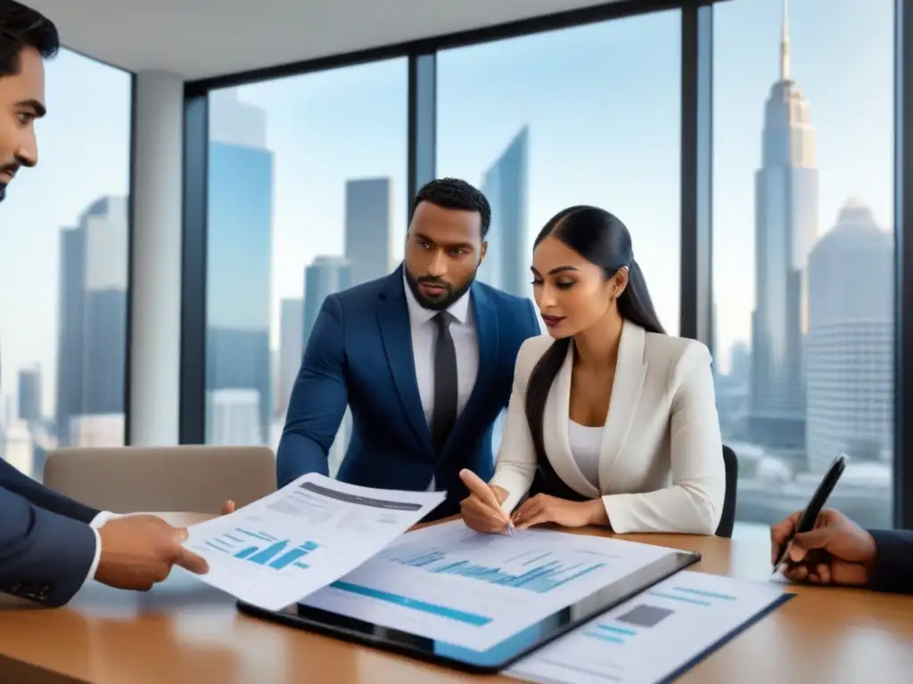 Reunión de asesoramiento financiero para comprar casa Expertos en preparación financiera antes comprar casa discuten en oficina moderna con vista a la ciudad