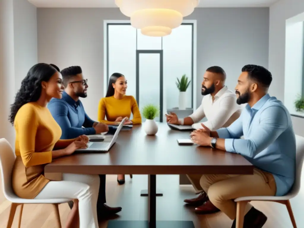 Expertos en seguros: reunión en casa 8k Expertos en reclamaciones seguros vivienda manejo debaten con confianza en sala luminosa y moderna