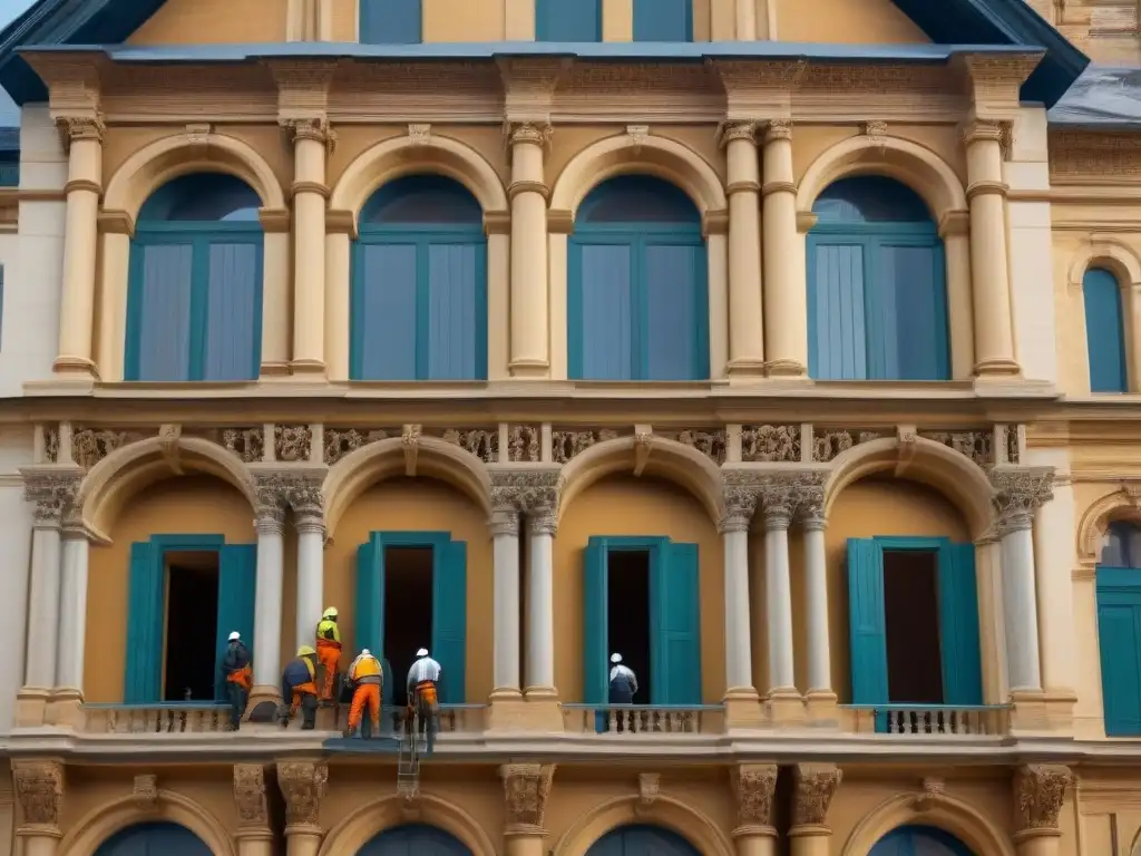 Restauración de fachada histórica: expertos en acción Expertos en restauración de fachadas de edificios históricos trabajan minuciosamente en la preservación de una fachada antigua, combinando técnicas tradicionales y modernas