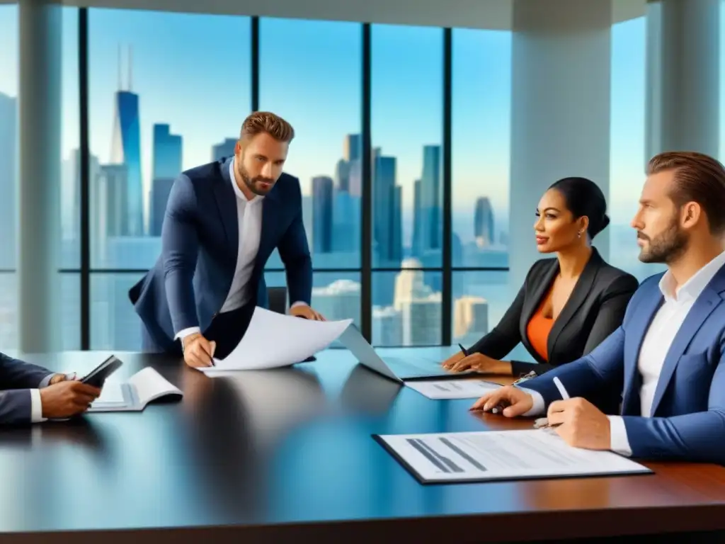 Profesionales en acción: Due Diligence inmobiliario Expertos en due diligence subasta inmobiliaria analizan documentos en moderna sala de reuniones con vista a la ciudad