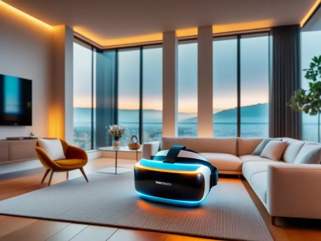 Tour inmersivo: Realidad Virtual en sala de estar moderna Exploración inmobiliaria en realidad aumentada: Casco de realidad virtual en sala moderna con información digital flotante