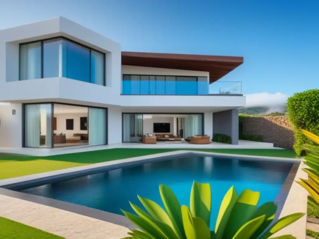 Propiedad de lujo en México: detalle arquitectónico y exuberante paisajismo Exquisita ilustración de una propiedad residencial en México, destacando su arquitectura y paisajes vibrantes