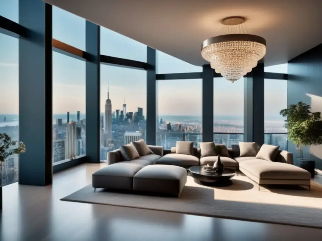 Exquisito penthouse moderno con vistas panorámicas en ciudad vibrante, en tonos neutros y metálicos