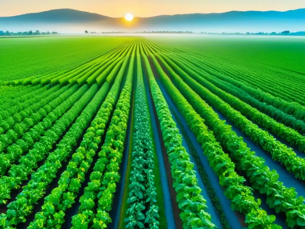 Campo agrícola sostenible: productividad y armonía verde en 8k Un extenso campo agrícola verde bajo un cielo azul, con cultivos en crecimiento y un sistema de riego moderno