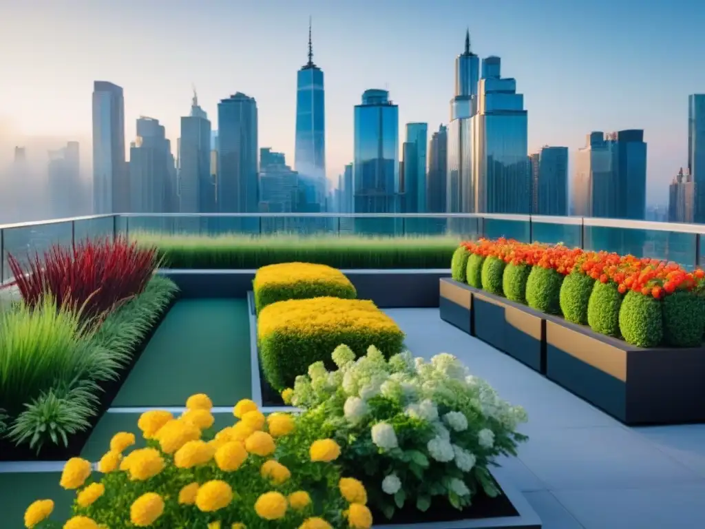 Jardín de techo vibrante y sostenible en edificio moderno Exuberante jardín en azotea de edificio comercial moderno, integrando naturaleza y sostenibilidad