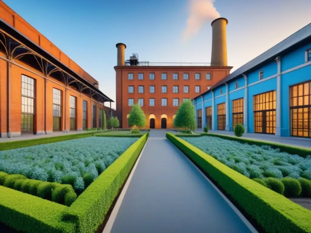 Restauración industrial: patrimonio preservado con modernidad Una fábrica industrial restaurada con diseño histórico y contemporáneo rodeada de vegetación, bajo cielos azules