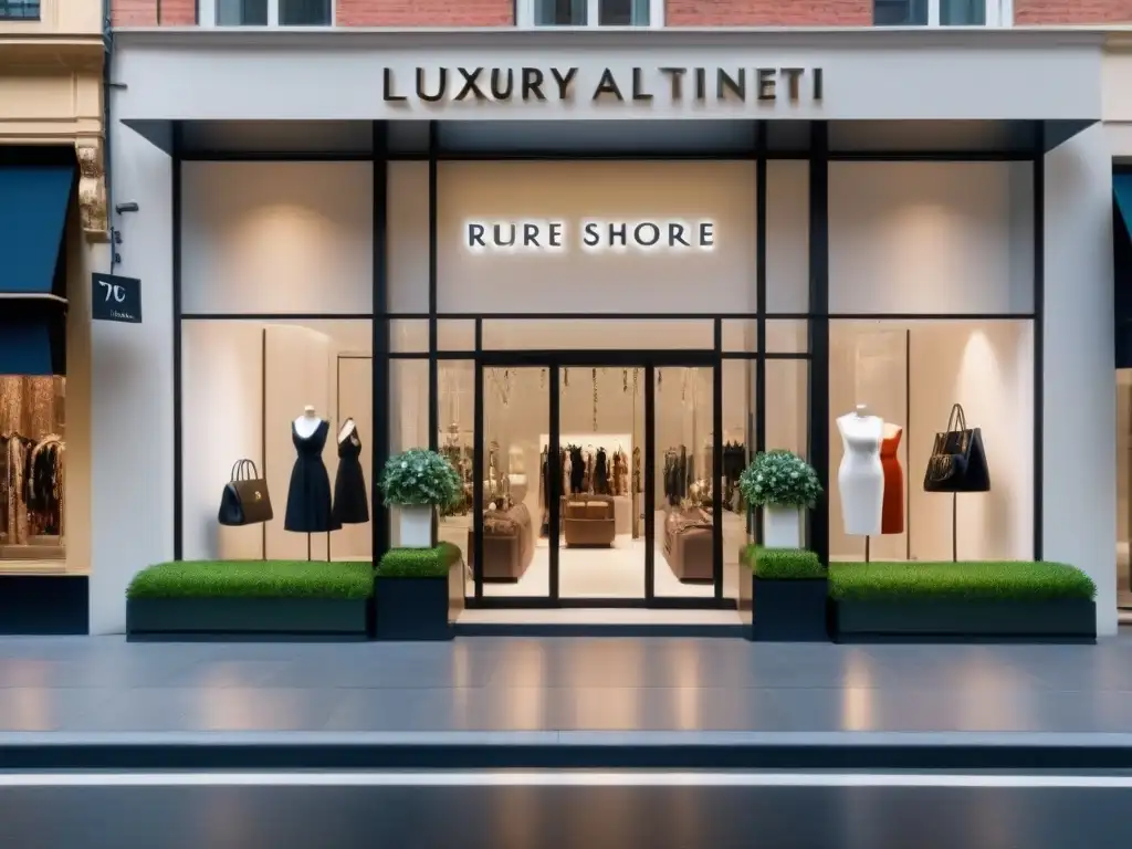 Entrada lujosa y moderna de boutique en distrito de compras exclusivo Fachada boutique de lujo con vitrinas elegantes y branding sutil, rodeada de vegetación y detalles arquitectónicos contemporáneos
