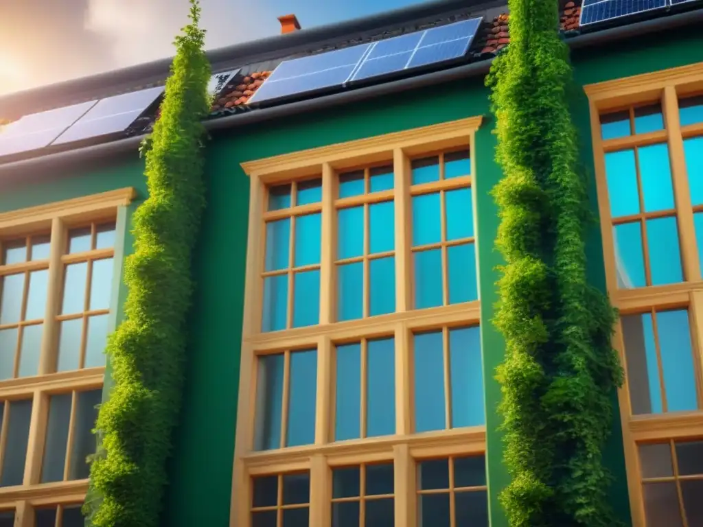 Edificio histórico restaurado con tecnología sostenible integrada Una fachada histórica restaurada con tecnologías sostenibles, como paneles solares y paredes verdes, fusionando lo antiguo con lo moderno