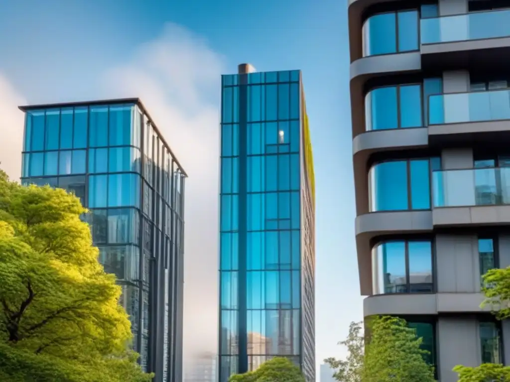 Edificio de lujo con ventanales y paisaje urbano reflejado Fachada lujosa de apartamentos con amplias ventanas, reflejando la ciudad