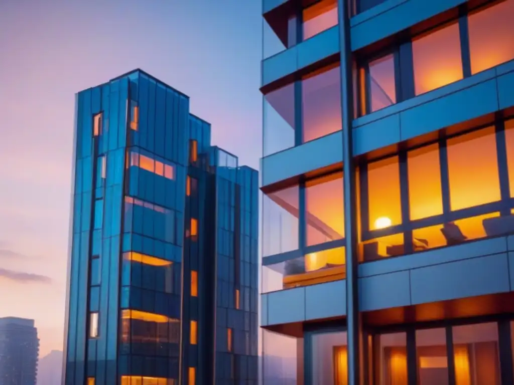 Edificio de condominios moderno: arquitectura elegante en la ciudad Fachada moderna de condominio con reflejos urbanos al atardecer