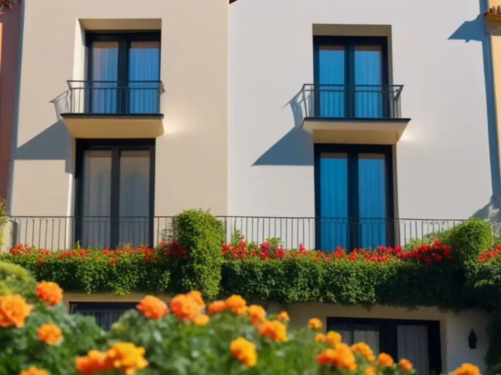 Edificio de apartamentos moderno en España con lujo y elegancia Fachada moderna de edificio en España con diseño elegante y soleado, reflejando lujo y sofisticación