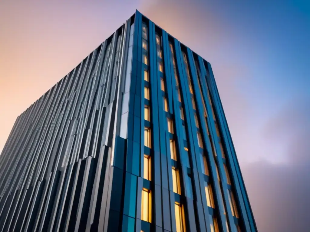 Edificio moderno iluminado con diseño innovador de luces LED eficientes Fachada moderna iluminada eficientemente