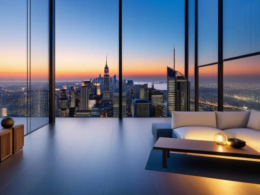 Arquitectura de lujo: fachada de vidrio con vista a la ciudad al atardecer Fachada moderna de lujo con ventanales de piso a techo reflejando el skyline urbano al atardecer