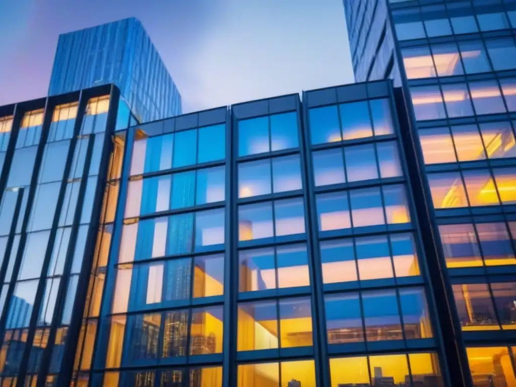 Edificio moderno reflejando cambio urbano Fachada moderna con reflejos de ciudad, evolución del mercado inmobiliario con regulaciones conservación