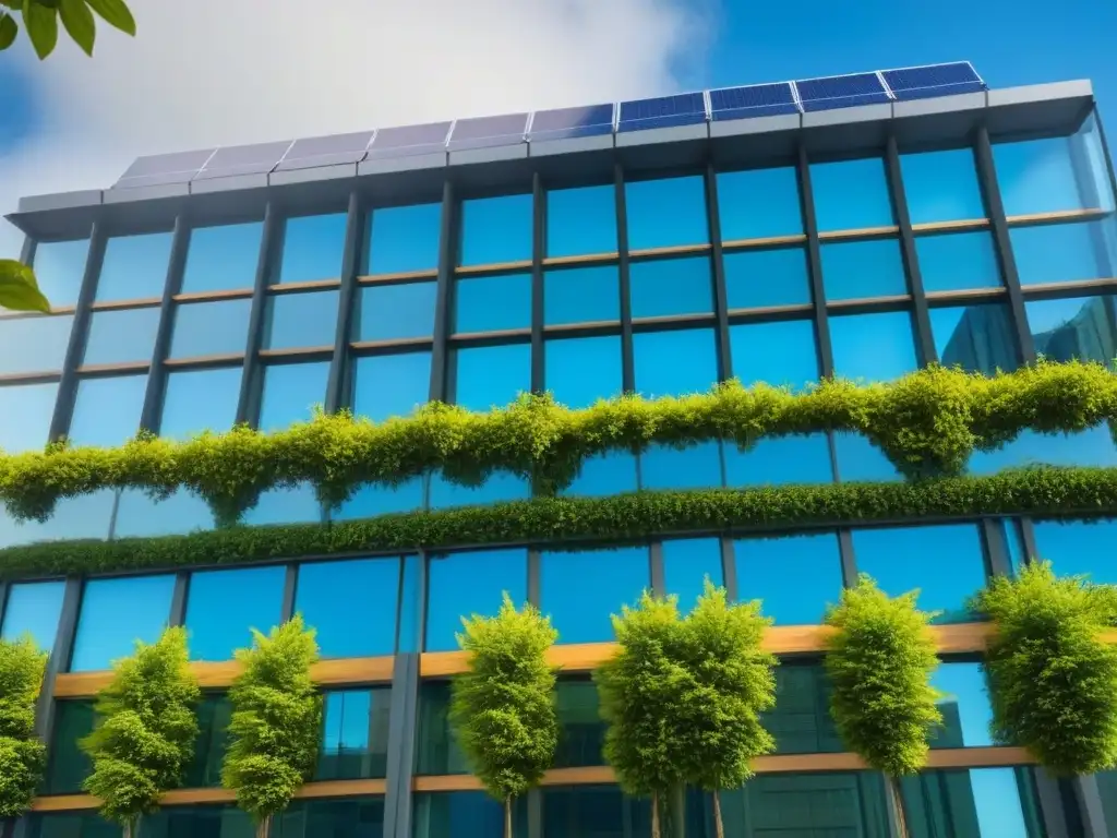 Edificio de oficinas moderno de lujo con certificación verde Fachada de oficina moderna de lujo con ventanales de piso a techo, rodeada de vegetación y paneles solares en el techo, simbolizando valorización certificaciones LEED BREEAM