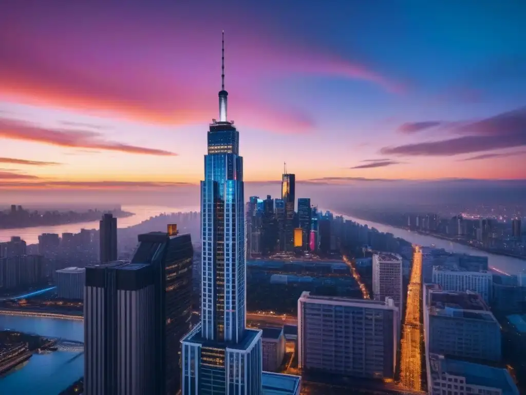 Rascacielos moderno y elegante con vista urbana al atardecer Fachada de rascacielos moderno con ventanas de piso a techo reflejando el paisaje urbano al anochecer